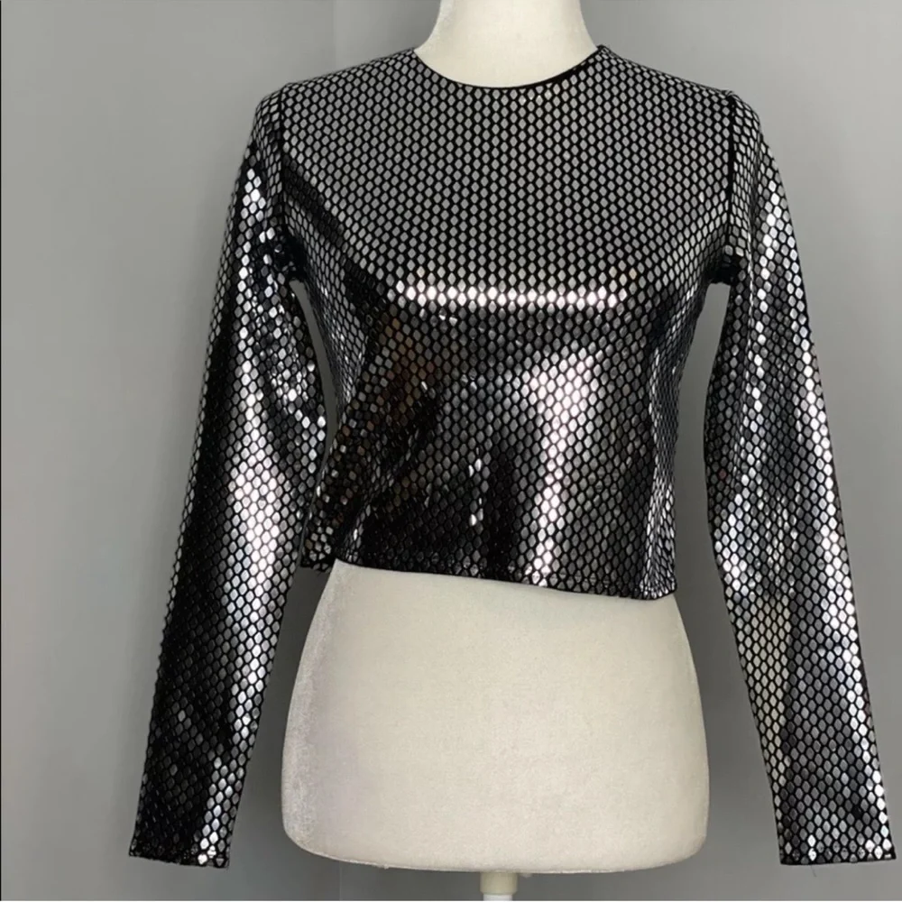 NWT Zara Woman Honeycomb Sweater Metallic Silver Shiny Black Top Size S Small - Picture 11 of 11